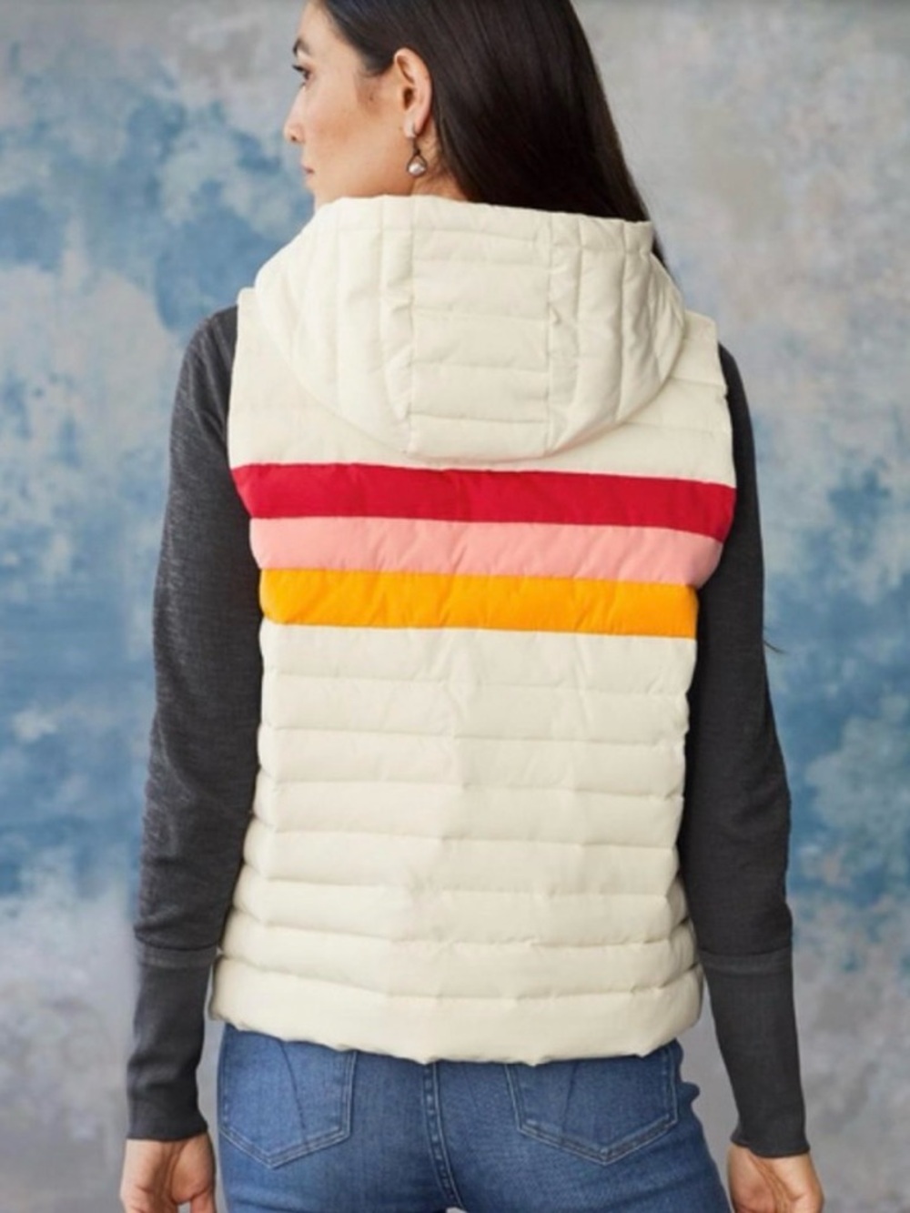 Sundance Dandelion Hooded Puffer Vest Cream Rainbow Stripe Large Outdoor Chic - Picture 3 of 7